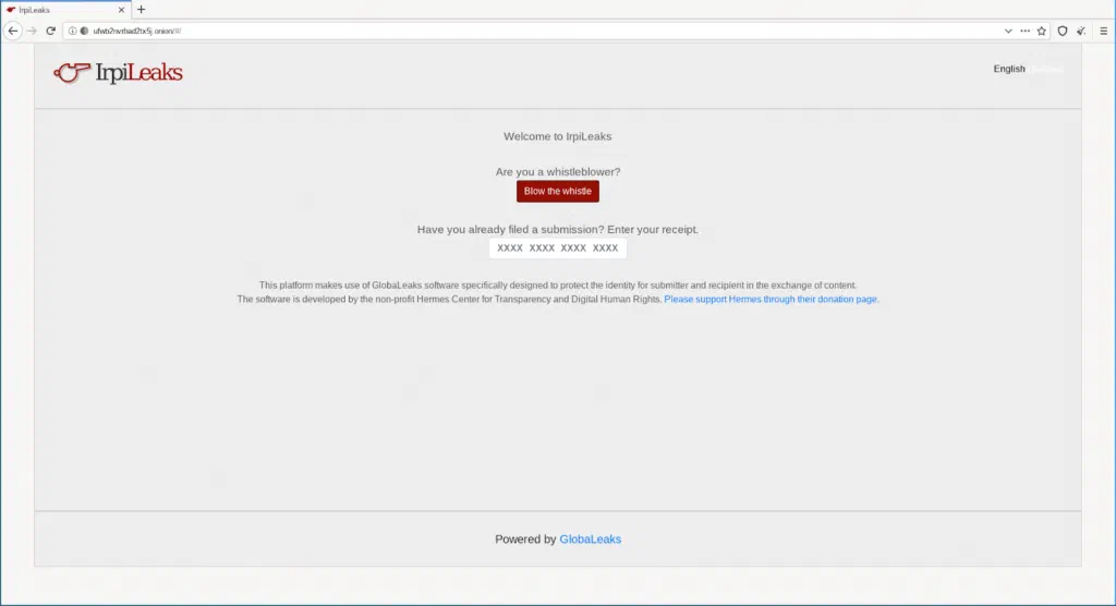 Screenshot of the IrpiLeaks platform home page, with the Blow the whistle button and the receipt field