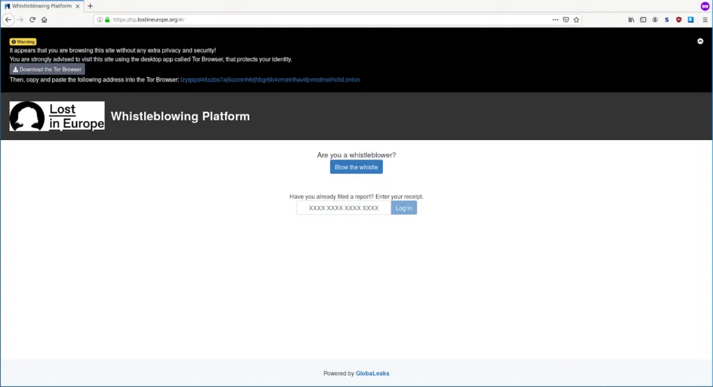 Screenshot of the Lost in Europe whistleblowing platform, showing the Tor Browser notice and the Blow the whistle button
