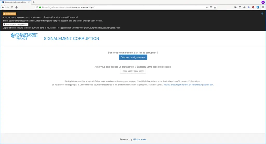 Screenshot of the Signalement Corruption platform run by Transparency International France
