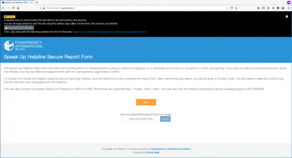 Screenshot of the Speak Up Helpline secure report form run by Transparency International Ireland