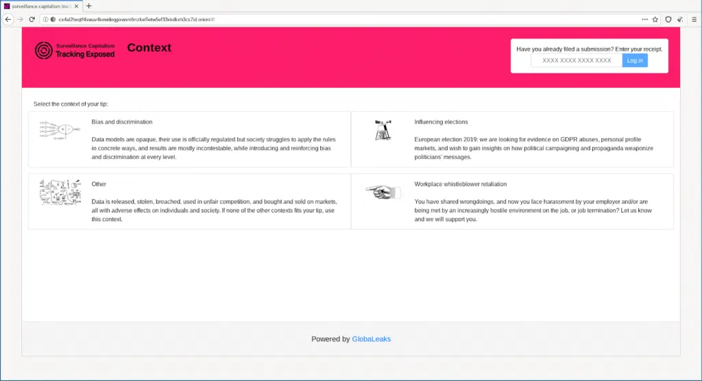 Screenshot of the Tracking Exposed platform listing the four reporting contexts: bias and discrimination, influencing elections, workplace whistleblower retaliation, and other