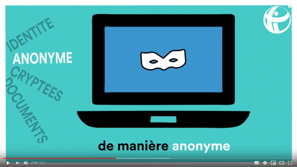 Frame from the Transparency International France video: an anonymity mask on a laptop screen, captioned de maniere anonyme