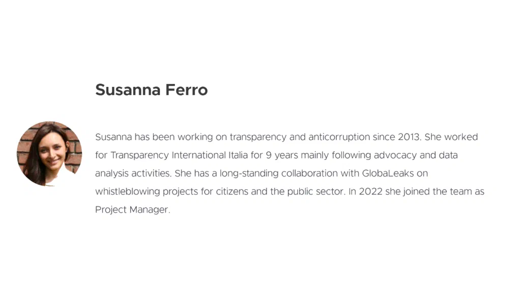 Slide introducing Susanna Ferro, with her photograph and a short biography